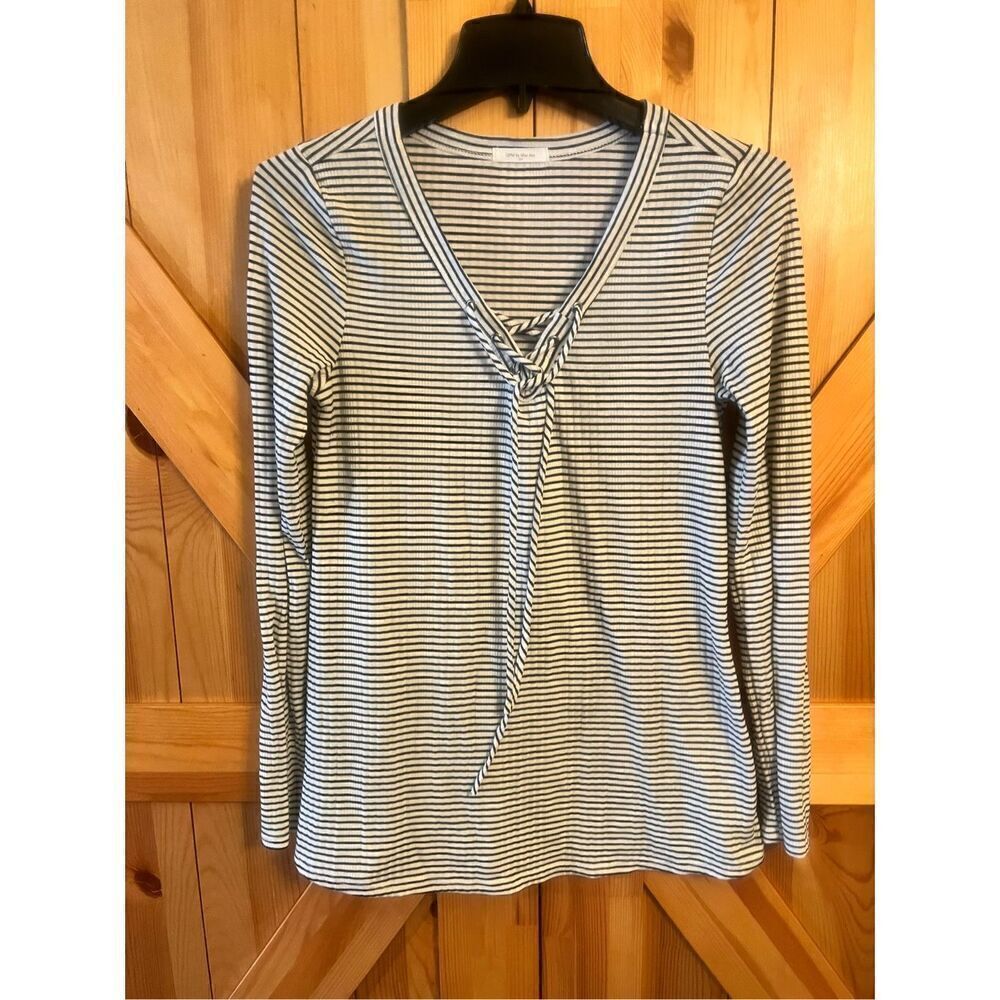 12PM By Mon Ami Women’s Small Cream Black Striped  Sleeve Long Sleeve Top (3795)